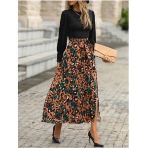 Women'S Stylish  Floral Print Frock Printed Long Sleeve Patchwork Dress