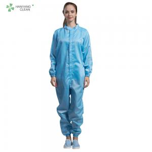 Polyster And Carbon Fiber Clean Room Lab Coats Blue Color 75D / 100D Yarn 0.3kg / Set