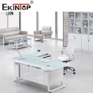China Blue White Metal Feet Executive Glass Desk Polished Durable Surface supplier