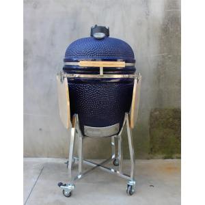 Outdoor Ceramic Charcoal Grill 22 Inch Navy Color With Cart And Side Tables