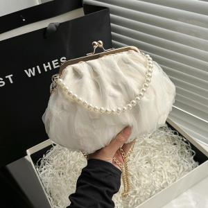 2024 NEW RETRO FAIRY SOLID COLOR SMALL BAG WHITE HAND PEARL BAG WOMEN'S NET YARN INS SIMPLE CROSSBODY BAG