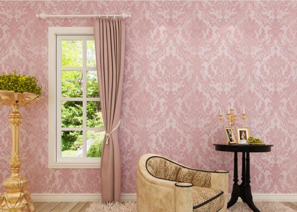 Flocking Pink Floral Pattern European Style Wallpaper for Bedroom , Living Room