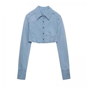 China Manufactuer Customized Button Blue Jean Jacket Crop Top Denim Jeans supplier