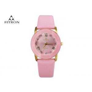 China Pink Color Beautiful Ladies Quartz Watches For Girls Leather Strap Material supplier