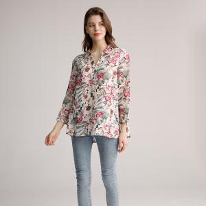 Woven Shirt Neckline Ladies Casual Tops S M L Flower Print Shirt Womens