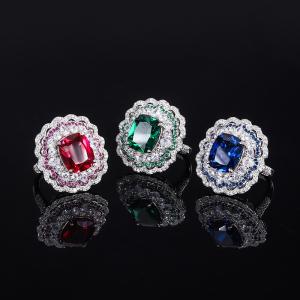 China 925 Sterling Silver Simulated Gemstone Jewelry Created Emerald Ruby Sapphire Ring For Wedding Engagement supplier