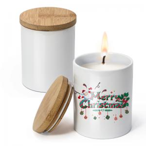 China Blanks White Ceramic Candle Jar With Bamboo Lid 300ml Capacity supplier