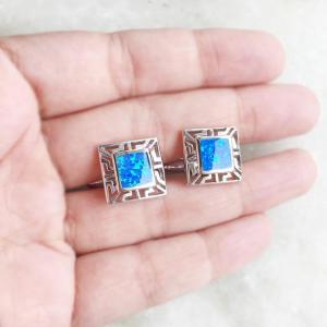 925  With Sterling Silver  Greek  Bule  Opal  Meander And Emerald Square Cufflink Earrings