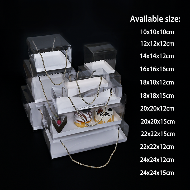 China Clear Roll Cake Boxes With Gold Rope Handle & Cake Boards, Homemade & Bakery Transparent Plastic Gift Boxes，Easy Carrying, Storage Containers For Slice Cake, Christmas Rectangular Transparent Cake Box wholesale