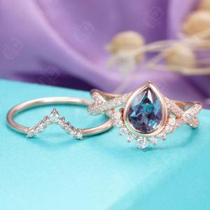 925 Sterling Silver Pear shape Vintage wedding ring Rose gold Alexandrite Engagement ring set