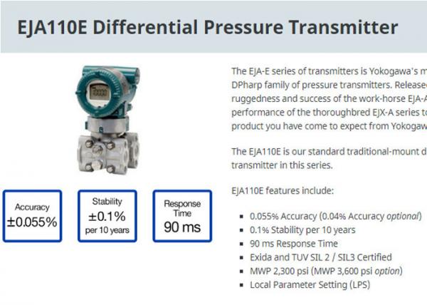 Industrial EJA110E Differential Pressure Transmitter For Level Measurement