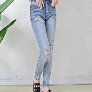 China High Waisted Ripped Skinny Jeans For Female , Slim Fit Denim Pants OEM Service supplier
