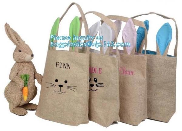 burlap easter tote, bunny ear kid Jute Shopping Bag With Leather Handles,cambric