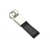 China Debossed Logo Metal Black PU Leather Keychain 3 Small Rings Keyring on sale