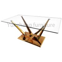 China Unique Clear Glass Dining Table Golden SS201 Base For Family Use on sale