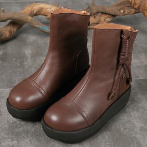 S035 New thick-soled wedges women's boots warm fluffy Martin boots rear zipper round toe leather retro handmade boots