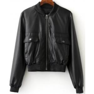 China Ladies PU Leather Down Jacket , Zipper Short Warm Black Leather Bomber Jacket supplier