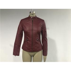 China Mandarin Collar Womens PU Leather Jacket , Burgundy Pleather Biker Jacket TW75801 wholesale