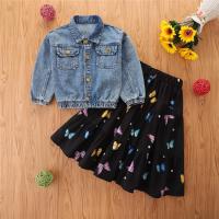 China Children'S Outfit Sets Girls Long Sleeve Denim Jacket Butterfly Print Skirt Suit on sale