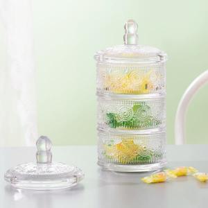 Stackable Clear Glass Storage Jar 10 Inch 3 Tier Glass Candy Dish Machine Pressed
