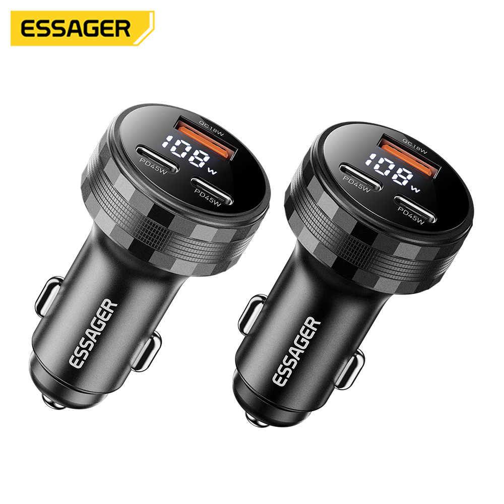 ESSAGER ES-CC25 QC18W USB-A double PD45W USB C Adapteur de chargeur de téléphone pour voiture avec affichage numérique