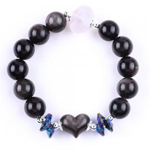 Handmade Gemstone Beaded Bracelet Natural Silver Sheen Obsidian Stone Bracelet Adjustable Heart Charm Bracelet For Party