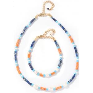 16" length Freshwater Pearl Bracelet With Squared Lapid Blue Vein Orange Stone