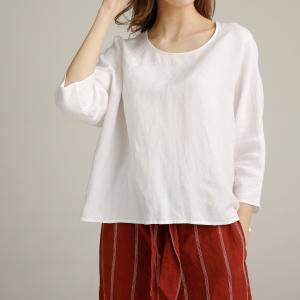China White 45% Rayon Ladies Casual Tops Cuffed Sleeves Linen Round Neck Shirt supplier