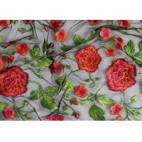 China Bridal 3D Floral Embroidered Mesh Fabric , Red Flower Bridal Embroidered Net Fabric on sale