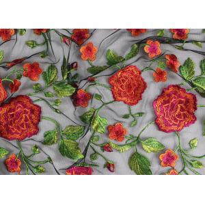Bridal 3D Floral Embroidered Mesh Fabric , Red Flower Bridal Embroidered Net Fabric