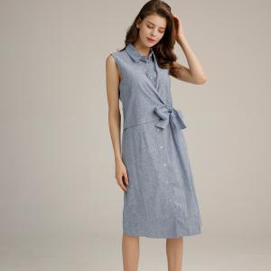 China Front Tie Knot Unique Womens Casual Linen Dresses Sleeveless With Shirt Collar supplier