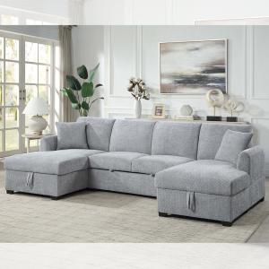 China U-Shaped Sectional Sleeper Sofa with Pull Out Bed and Storage Chaise, Gray Sherpa Fabric wholesale