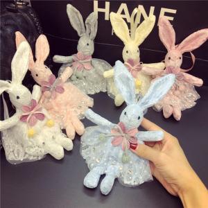 Rabbit Shape Plush Keychain Toys Pink / Blue Color Custom Size With Lace Skirt