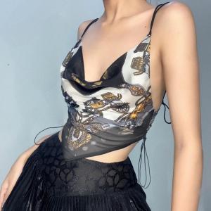 High Street Casual Wear Women Crop Top Printed Hem Sharp Angle Show Back