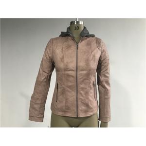 China Ladies' Zip Through Grey Melange Detachable Hooded Rose Pink Pleather Biker Jacket Tw77188 supplier