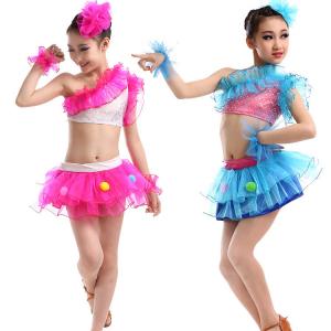 Children inclined shoulder dance costumes girls fassion sequins Latin show dance suit