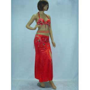 Contemporary Red Halter Neck Metallic Bras & Skirt Belly Dancing Clothes for Performance