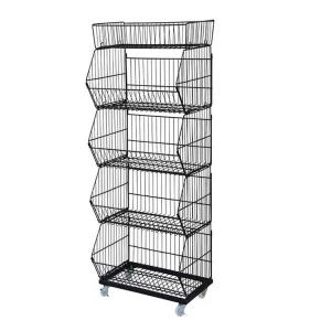 Factory Customized Size Thickness Color Black 4 Tiers Stackable Wire Baskets Storage Vegetable Fruit Grid Stackable Basket for S
