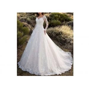 Long Sleeve Backless Flower Lace Ball Gown Wedding Dress With Long Tail Off White Color