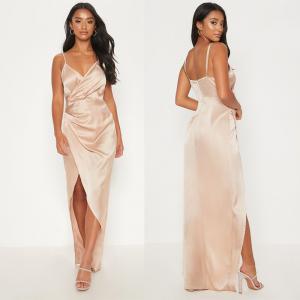 2019 New Arrivals Women Casual Petite Champagne Satin Maxi Dress And Sexy