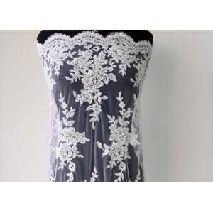 Embroidery Pearl Floral Corded Lace Fabric , White Bridal Lace Fabric With Scalloped Edge 