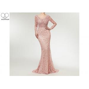 China Pink Sexy Mermaid Prom Dresses Perspective Waist Back Lace Beaded Sweep Train wholesale