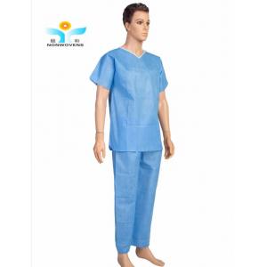 China Medical Blue 40gsm XL Disposable Protective Suits Scrub V Shape And Short Sleeve supplier