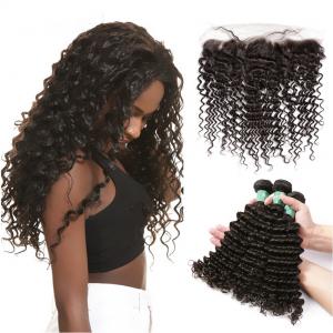 China Smooth Deep Wave Bundles With Lace Frontal 8A Virgin Brazilian Hair / Soft Black Human Hair wholesale