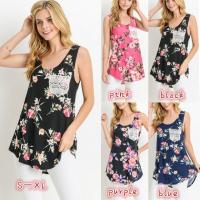 China Digital Printing Womens Singlet Tops , Lace Pocket Floral Tank Top Womens on sale