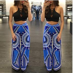 China breathable loose cotton printed long blue trouser with elastic waist supplier