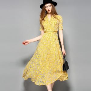 China yellow hot sale women lace-up polyester lace dress supplier