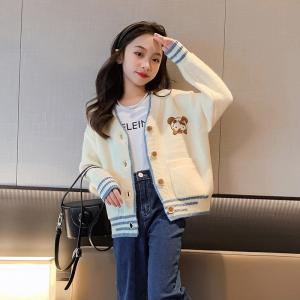 China Girls knit cardigan striped sweater embroidery craft children garment autumn winter coat suitable for children 4-16 year wholesale