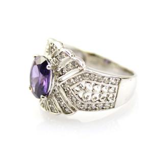 Solid 925 Silver Ring with 7x9mm Oval Created Amethyst Cubic Zirconia(JY037)