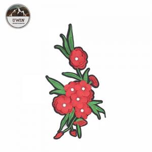 Red Flower Patch with Rhinestone Woven Patch Custom Pvc China Manufacturer Cheap Iron-on Embroidery Applique for Cloth
